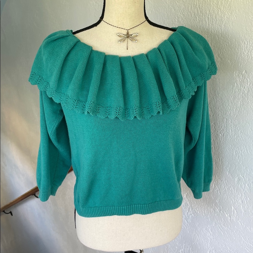 Vintage Big City Sweater Womens Medium Ruffle‎ Teal Granny Cottage Feminine USA